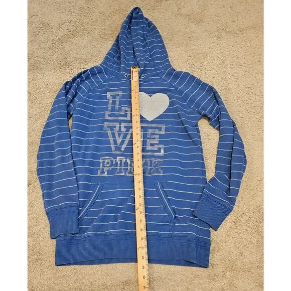 VS Pink Women's Large Blue Hoodie Pullover Stripe Y2K flaw- missing drawstring - Picture 9 of 9